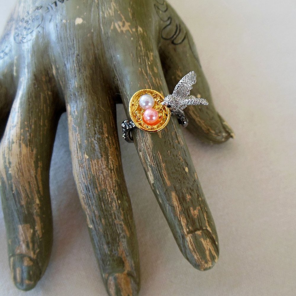 NEW! Gunmetal, Silver, Gold Tone Bird w/ Nest Ring